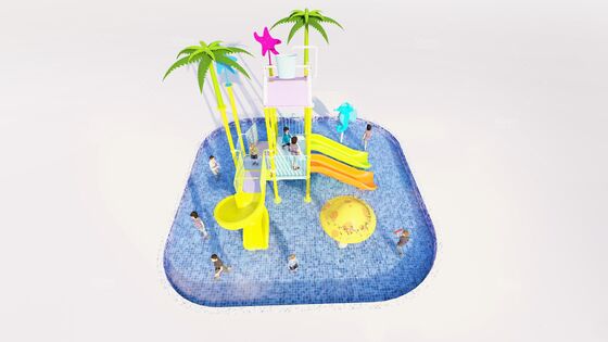子供用水遊び場用グラスファイバー製ミニウォータープレイ構造物（スライド3つ、チッピングバケット付き） - メンテナンスフリーデザイン