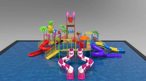トロピカルテーマの水遊び構造物. 巨大な傾斜バケツとスプラッシュパークのための複数のスライド.
